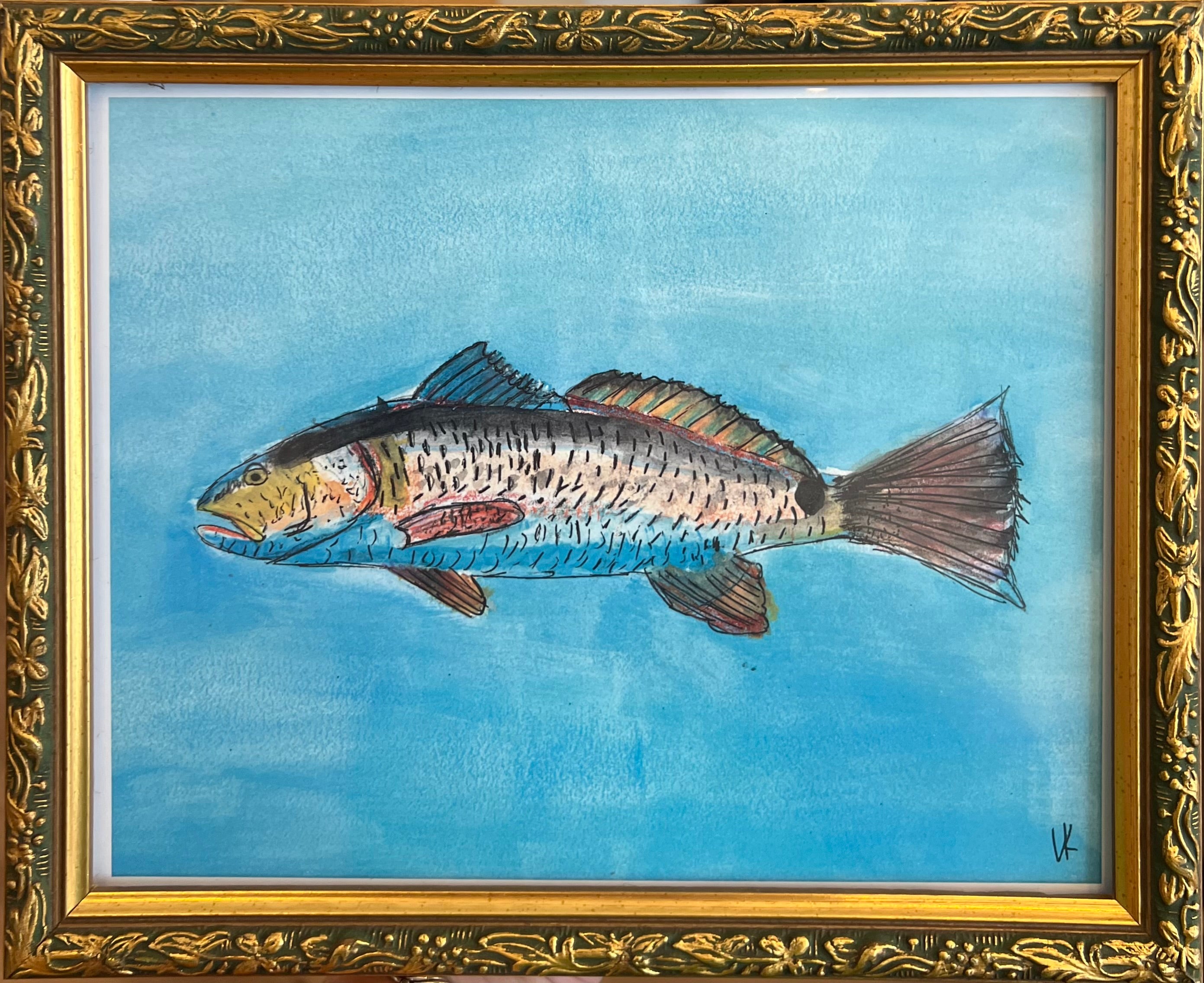 Scaled Fish buy Painting or Drawing in Metallic - Original Artwork on Wood - Cottage & Beach House Neutral Decor - Nautical Art-BIG EYE Fish