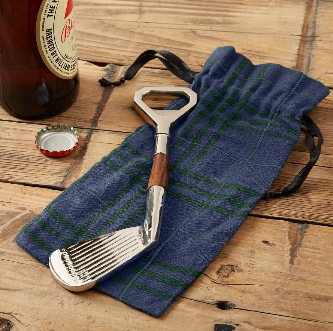 Golf Club Bottle Opener in Plaid Gift Pouch - Brass/Mango Wood