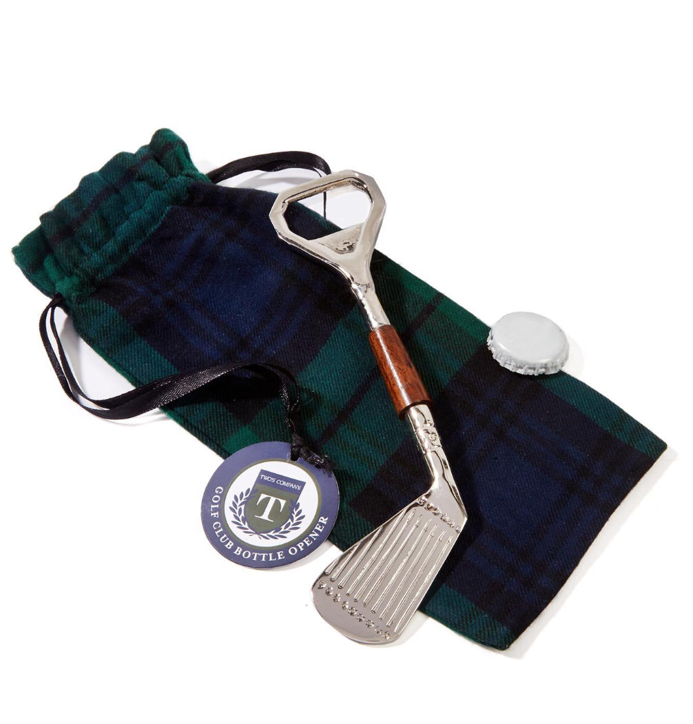 Golf Club Bottle Opener in Plaid Gift Pouch - Brass/Mango Wood